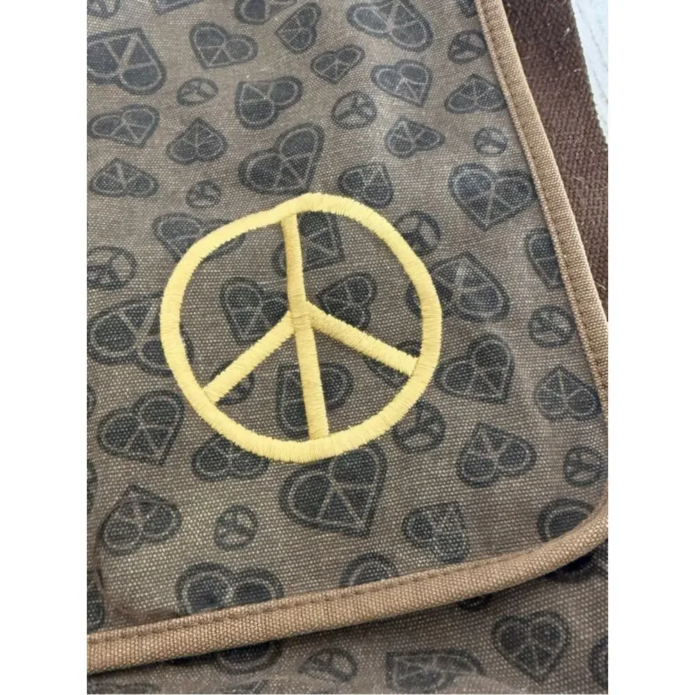 Brown Canvas Crossbody Bag with Yellow Peace Sign. Good used condition!
